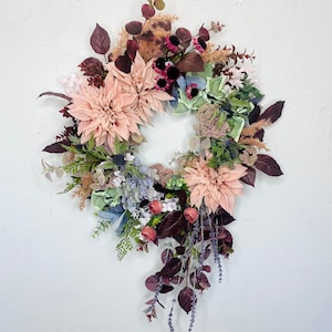 Eucalyptus Fall Wreath Front Porch Decor Burgundy & Pink Floral Grapevine Autumn Arrangement