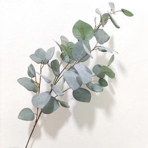 May include: A sprig of artificial eucalyptus with light green leaves. The leaves are arranged in a natural, flowing pattern.