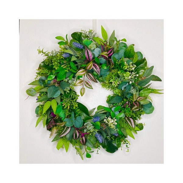 FAUX WREATH, GREENERY Wreath, Wandering Jew, Artificial Designer Choice Mixed Burlap Jute Rope Beautiful Fresh Wreaths For Front Door Décor