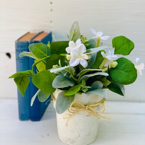 Puede incluir: Una maceta blanca pequeña con un lazo de cuerda marrón, llena de un arreglo artificial de flores blancas y hojas verdes.
