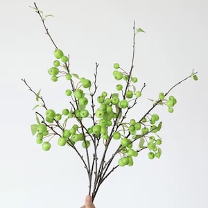 May include: A bunch of artificial green apple branches with small green apples. The branches are brown and have a natural look.