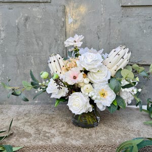 Faux White Flower Arrangement  Elegant Silk Floral Centerpiece  Artificial White Bouquet for Weddings Home Decor Table Display