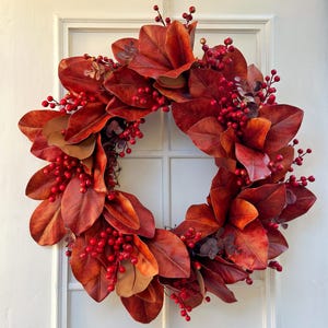 Magnolia Leaf Fall Wreath Modern Autumn Front Door Decor Bold Seasonal Style Porch Wreath
