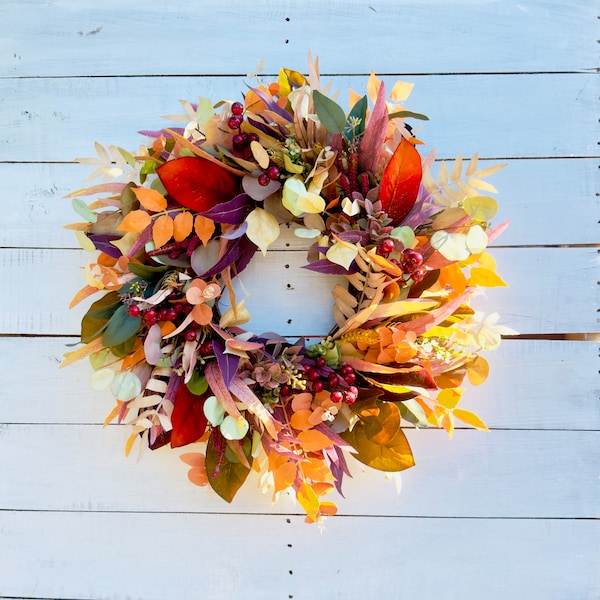 Corona de otoño para puerta de entrada, corona de cosecha de follaje artificial, acento cálido de temporada para el hogar, decoración acogedora de Acción de Gracias, acento de decoración de pared