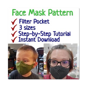 Könnte beinhalten: Gesichtsmasken-Muster mit Filtertasche, erhältlich in drei Größen. Enthält eine Schritt-für-Schritt-Anleitung und sofortigen Download. Das Bild zeigt zwei Personen, die Gesichtsmasken tragen.