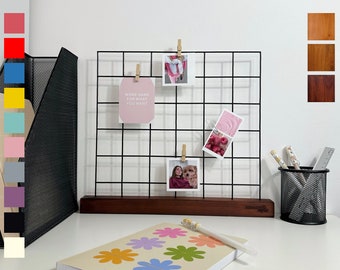 Wooden holder, mood board, photo frame, wire memo board, metal grid, notice board, office organization, mesh, workspace, metal board, panel