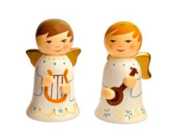 2 White turned wooden angels 7cm - Lyre + Mandolin