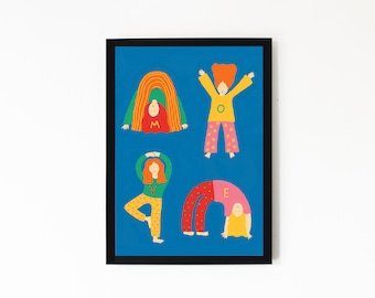 May include: A framed print with a blue background featuring five figures in different yoga poses. Each figure is wearing colorful clothing with a letter on their chest, spelling out the word "HOME".