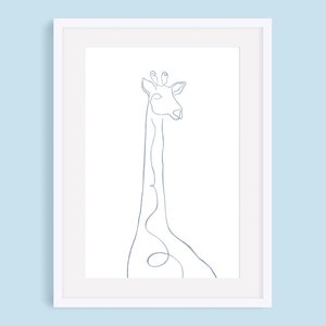 May include: A simple line drawing of a giraffe in blue on a white background. The giraffe is framed in a white frame.