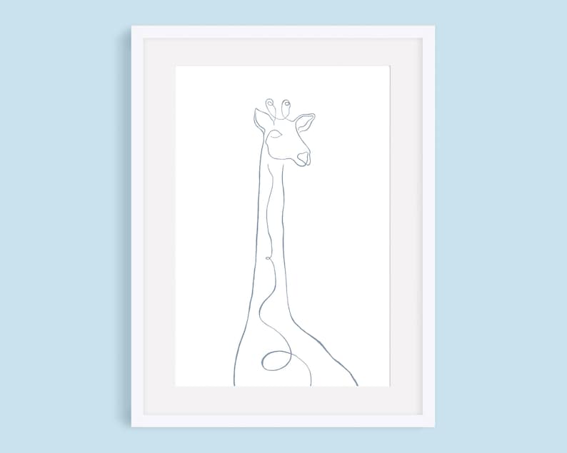 May include: A simple line drawing of a giraffe in blue on a white background. The giraffe is framed in a white frame.