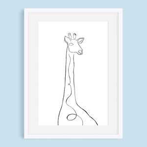 May include: Line art drawing of a giraffe in a white frame. The giraffe is drawn in a single continuous line.