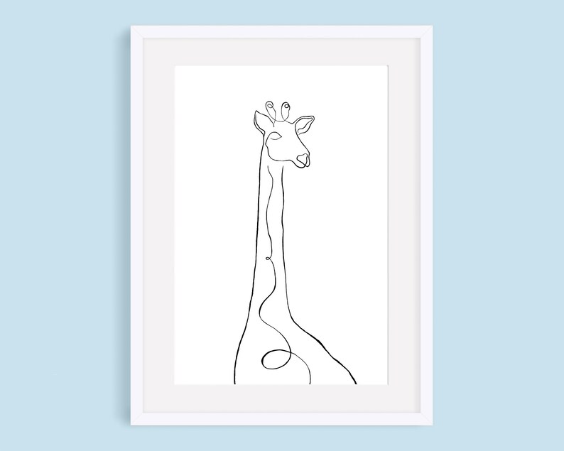 May include: Line art drawing of a giraffe in a white frame. The giraffe is drawn in a single continuous line.