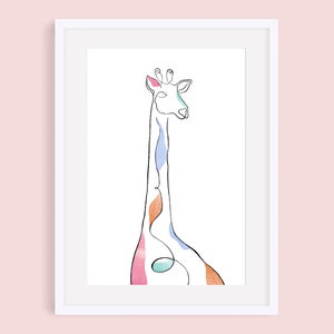 May include: A line drawing of a giraffe with a colorful watercolor wash. The giraffe's neck is long and thin, and its head is small. The colors used in the watercolor wash are pink, blue, orange, and green.