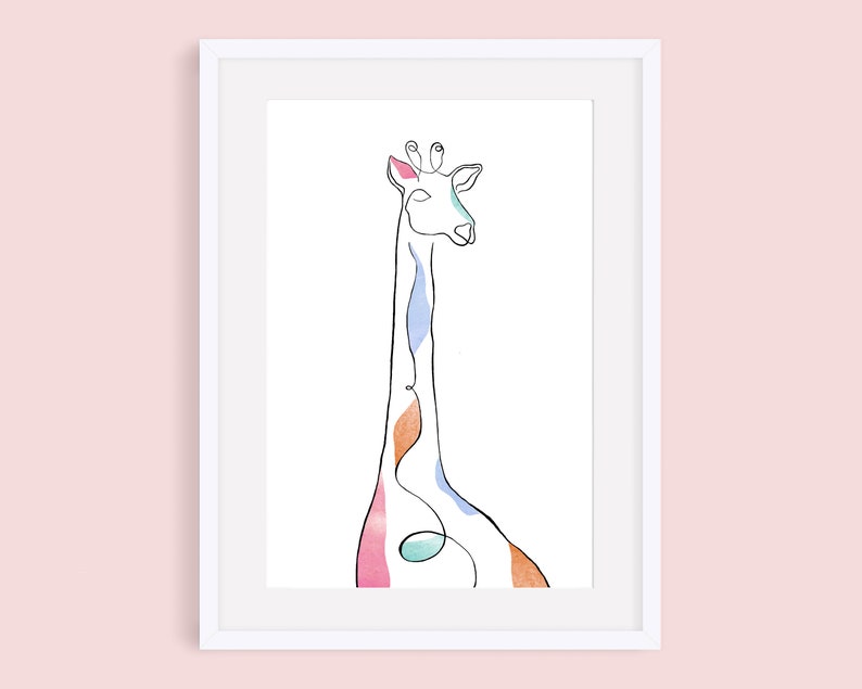 May include: A line drawing of a giraffe with a colorful watercolor wash. The giraffe's neck is long and thin, and its head is small. The colors used in the watercolor wash are pink, blue, orange, and green.