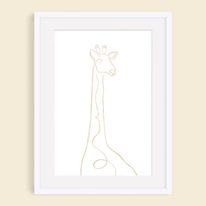 May include: A minimalist line drawing of a giraffe in gold on a white background. The giraffe is depicted in a single continuous line.