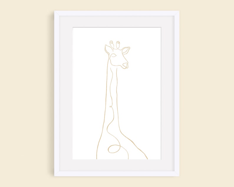 May include: A minimalist line drawing of a giraffe in gold on a white background. The giraffe is depicted in a single continuous line.
