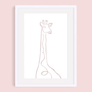 May include: A line drawing of a giraffe in a minimalist style. The giraffe is drawn in a single continuous line in a light pink color against a white background.