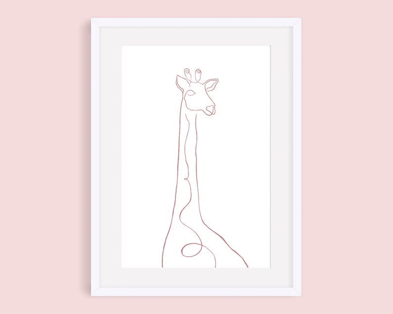 May include: A line drawing of a giraffe in a minimalist style. The giraffe is drawn in a single continuous line in a light pink color against a white background.