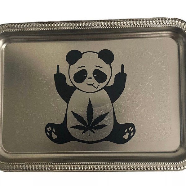 Chrome Black Panda Middle Finger Rolling Tray Cannabis Weed Leaf 11x7.5