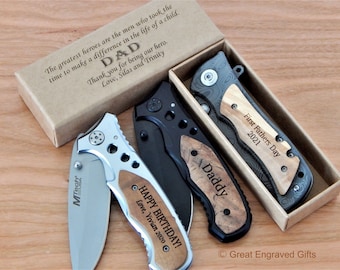 Engraved Hunting Knife Gift for Dad | Personalized Father&#39;s Day Gift for Men | Custom Camping Knives for Him | Wood Christmas Gifts from