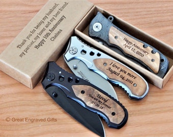 Engraved Wood Handle Knife | 1st Anniversary Gift for Him | Custom Gift for Men | Husband Father&#39;s Day Gift | 3rd, 5th Personalized Gifts