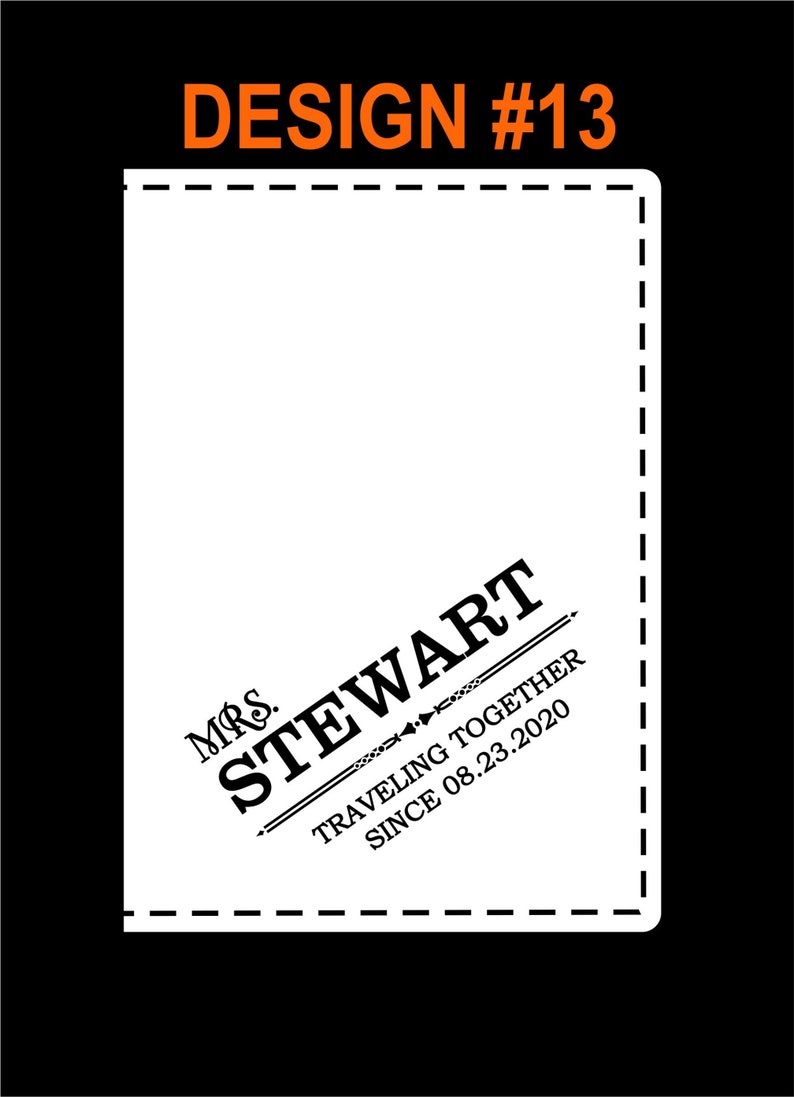 May include: White background with a black dashed border. The text "MRS. STEWART" is in a black, stylized font with a decorative arrow pointing to the right. Below the name is the text "TRAVELING TOGETHER SINCE 08.23.2020".