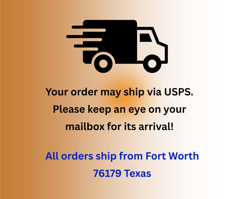 May include: A graphic illustration of a black delivery truck icon positioned above text that reads: Your order may ship via USPS. Please keep an eye on your mailbox for its arrival! All orders ship from Fort Worth 76179 Texas against a gradient background.