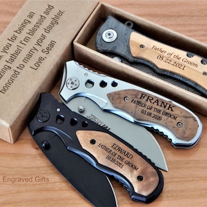 Damascus Pocket Knife | Father of the Groom Gift from Bride | Engraved Knives for Groomsmen | Personalized Folding Knives for Men Custom