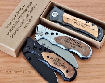 Damascus Pocket Knife | Father of the Groom Gift from Bride | Engraved Knives for Groomsmen | Personalized Folding Knives for Men Custom
