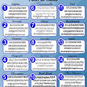 May include: A font options chart displaying fifteen numbered styles, each featuring the numbers 0-9, uppercase letters A-Z, and lowercase letters a-z. The fonts include Zapfchan, Monotype, Charter, Haypearl, Niconne, Sacramento, Tiffany, Lucida, Ink Free, Brush Script, Zapt, Rockwell, Tekton, Luckymoon, and Sheer Elegance.