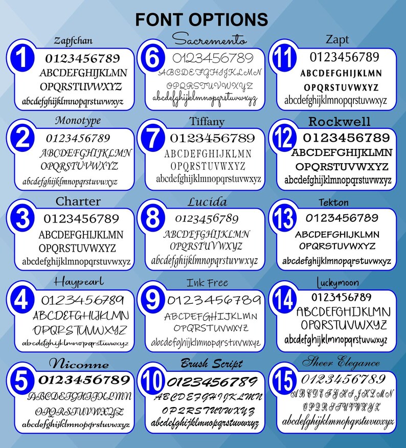 May include: A font options chart displaying fifteen numbered styles, each featuring the numbers 0-9, uppercase letters A-Z, and lowercase letters a-z. The fonts include Zapfchan, Monotype, Charter, Haypearl, Niconne, Sacramento, Tiffany, Lucida, Ink Free, Brush Script, Zapt, Rockwell, Tekton, Luckymoon, and Sheer Elegance.