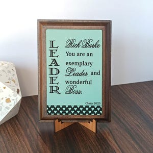 Personalized Team Leader Appreciation Wood Plaque: Engraved Boss Thank you Gift