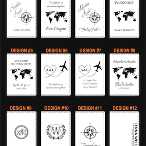 May include: Twelve passport-style designs for a travel-themed wedding favor. Each design features a compass, a world map, and a personalized name or initials. The designs include text such as "Adventure Awaits", "Life is a Journey Best Traveled Together", and "A Couple That Travels Together, Stays Together!"