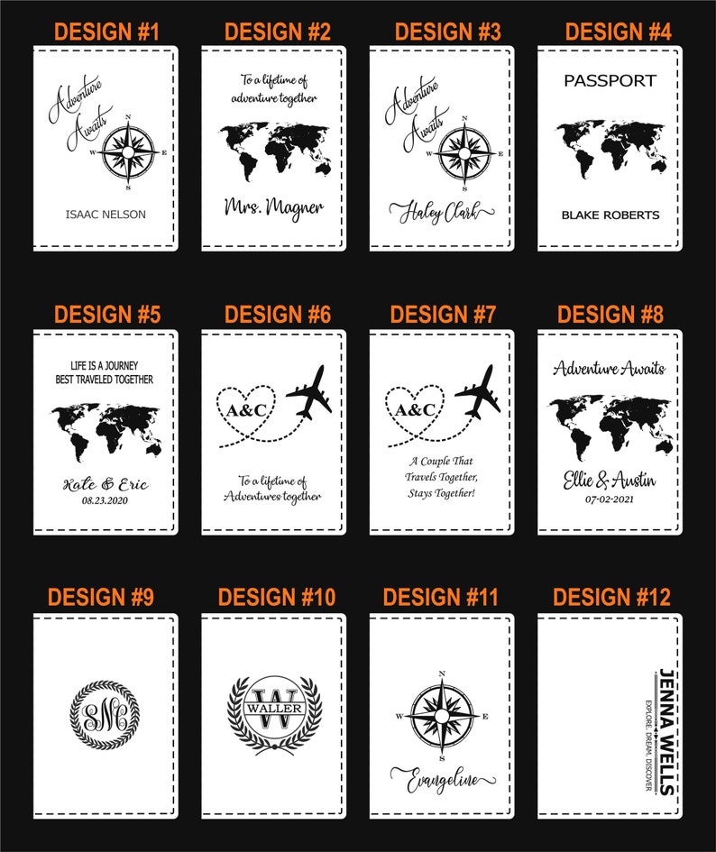 May include: Twelve passport-style designs for a travel-themed wedding favor. Each design features a compass, a world map, and a personalized name or initials. The designs include text such as "Adventure Awaits", "Life is a Journey Best Traveled Together", and "A Couple That Travels Together, Stays Together!"