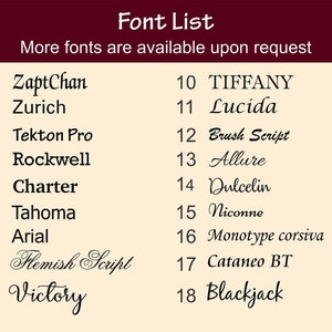 May include: A list of 18 font styles, numbered and displayed on a beige background. The title "Font List" is at the top, with the text "More fonts are available upon request" below it. Font examples include ZaptChan, Zurich, and Rockwell.
