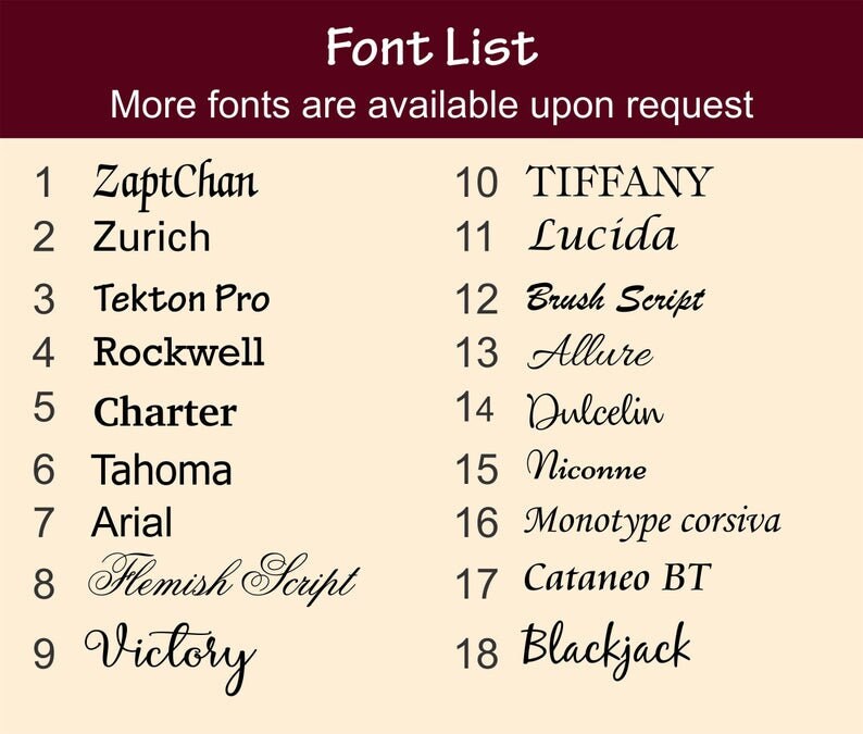 May include: A list of 18 font styles, numbered and displayed on a beige background. The title "Font List" is at the top, with the text "More fonts are available upon request" below it. Font examples include ZaptChan, Zurich, and Rockwell.