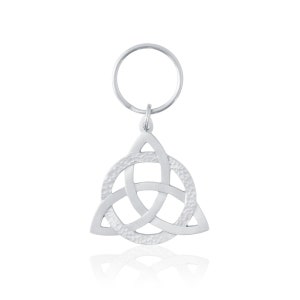 May include: Silver Celtic knot keyring with a textured finish. The knot is in the shape of a triangle with three interlocking circles.