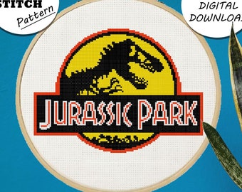 Jurassic Park inspired Logo Cross Stitch, DIY Embroidery, Small Hoop Art, Subversive Needlepoint - PDF, Instant Download