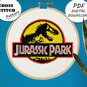 Jurassic Park inspired Logo Cross Stitch, DIY Embroidery, Small Hoop Art, Subversive Needlepoint - PDF, Instant Download
