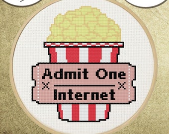 Admit One Internet Ticket Cross Stitch Pattern: Small Hoop Art (PDF, Instant Download)