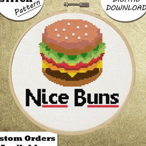 Nice Buns Hamburger Cross Stitch Pattern, DIY Embroidery, Small Hoop Art, Subversive Needlepoint - PDF, Instant Download