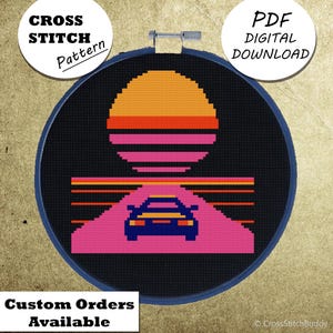 May include: A cross-stitch design in a round frame depicts a retro sunset and a car on a road. The design includes the text "Cross Stitch Pattern", "PDF Digital Download", and "Custom Orders Available".