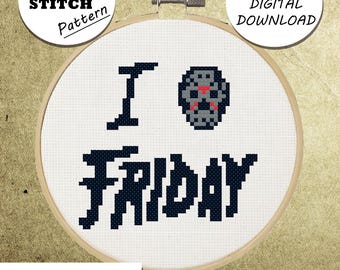 May include: A cross-stitch pattern in a wooden hoop. The design features the words "I Friday" with a pixelated mask. The text "Cross Stitch Pattern", "PDF Digital Download", and "Custom Orders Available" are also included.