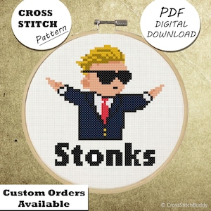 Könnte beinhalten: Kreuzstichmuster mit einer Cartoonfigur, die eine Sonnenbrille und einen Anzug trägt, mit dem Wort "stonks" darunter. Das Muster ist als digitaler PDF-Download erhältlich.
