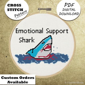 Emotional Support Shark Cross Stitch Pattern, DIY Humor Embroidery, Small Hoop Art, Subversive Needlepoint - PDF, Instant Download