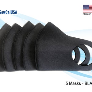 May include: Five black reusable face masks made in the USA.  SewCalUSA is printed on the image.