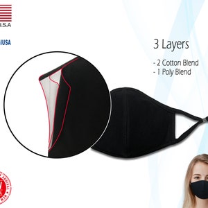 Op de afbeelding: Zwart gezichtsmasker met drie lagen, twee van katoenmix en &eacute;&eacute;n van polyestermix. Het masker heeft verstelbare oorlussen en een neusdraad. Het masker is gemaakt in de VS.