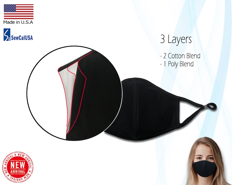 Op de afbeelding: Zwart gezichtsmasker met drie lagen, twee van katoenmix en &eacute;&eacute;n van polyestermix. Het masker heeft verstelbare oorlussen en een neusdraad. Het masker is gemaakt in de VS.