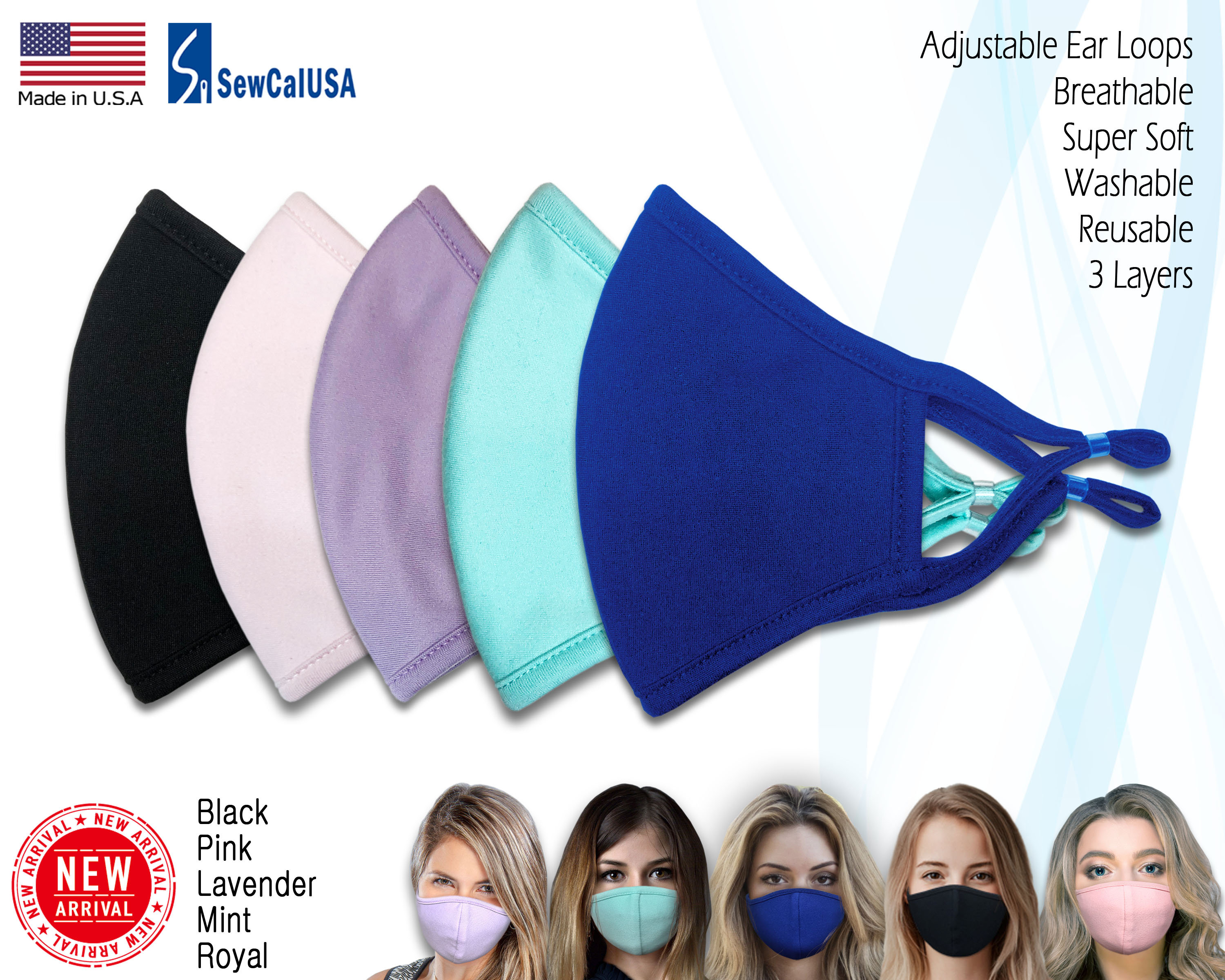 5 Pack Cotton Face Mask: 3-Layer, Adjustable Cord Locks, Made in USA