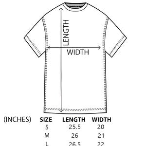 May include: A size chart for a t-shirt showing the length and width measurements in inches for sizes S, M, L, and XL.